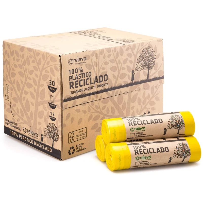 Relevo Yellow Drawstring Bin Bags - 30L (Width 55 cm x Height 60 cm), 360 Bags (24 Rolls × 15 Bags) | Extra Strong Bin Liners| 100% Recycled LDPE from Greenhouses | Blue Angel Certified