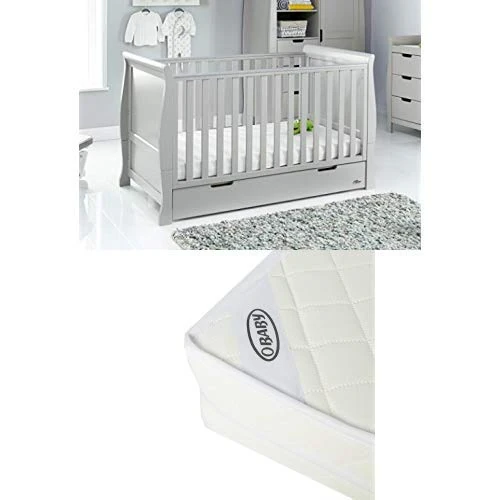 Obaby Stamford Sleigh Classic Cot Bed and Sprung Mattress - Warm Grey - Image 1