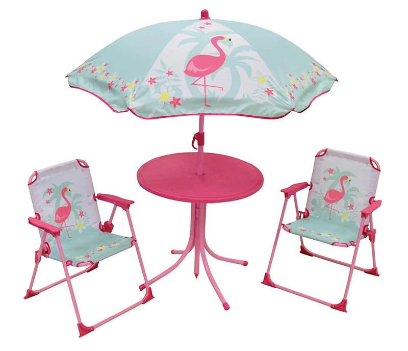 Fun House Pink Flamingo Garden Furniture for Children 3 Years | Table Diameter 46 cm + 2 Folding Chairs + Parasol Diameter 100 cm | Outdoor Summer Furniture for Garden Terrace or Balcony | Children's