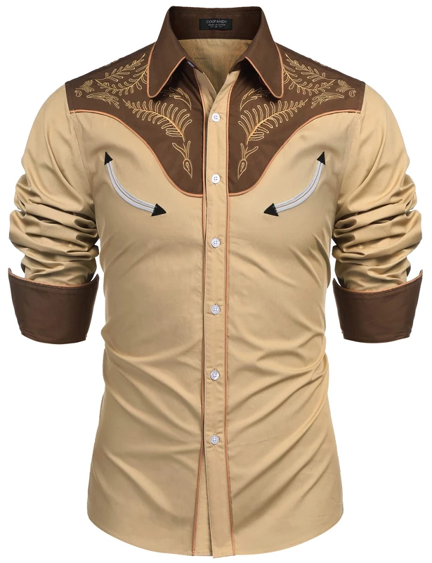 Coofandy Men's Western Cowboy Embroidered Cotton Long Sleeve Button Down Shirt - Khaki - Medium