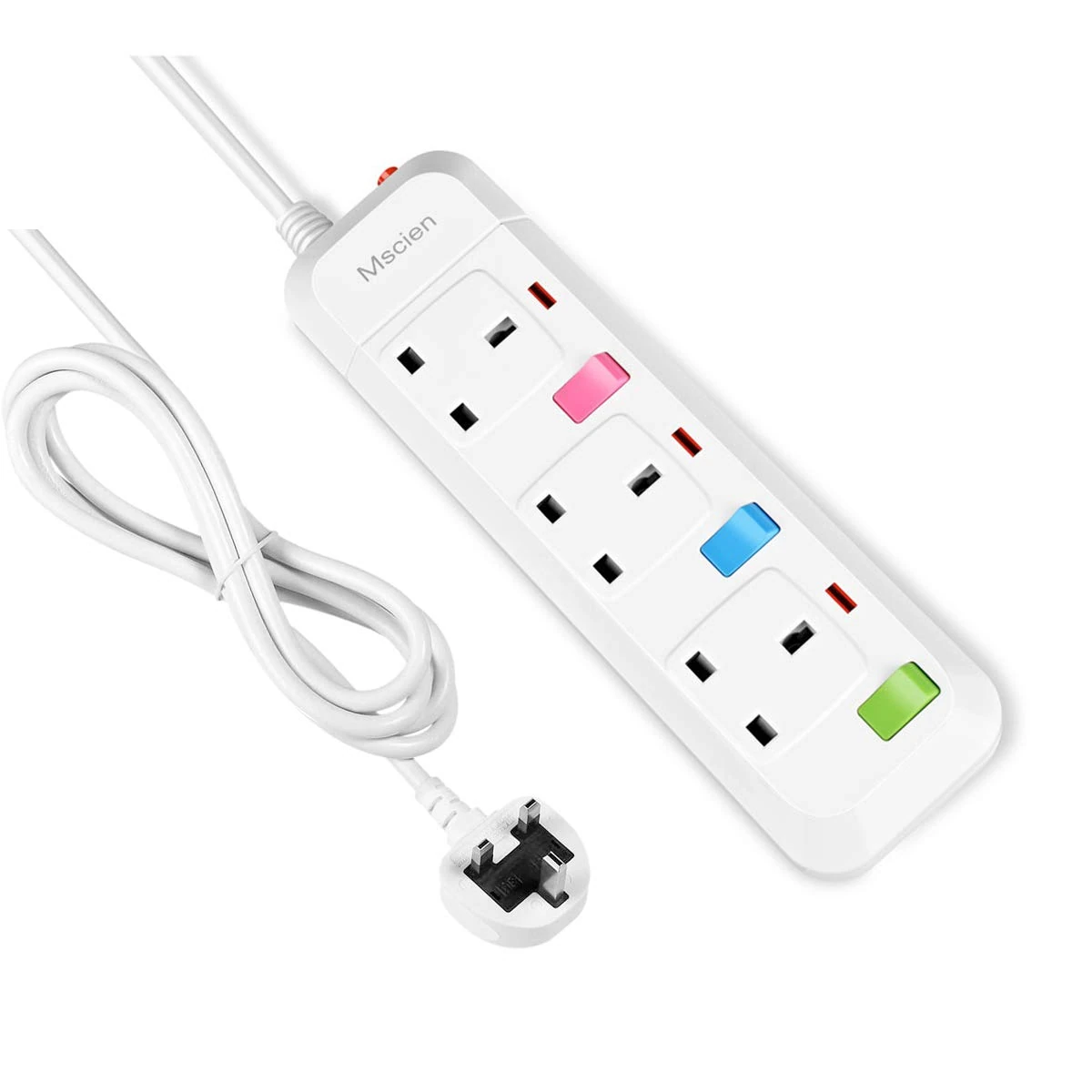 Mscien 5M 3 Way Long Extension lead Individually Switched Mountable Surge Protected Power Strip with 5 Meter Extension Cable-White/Random Switch Color