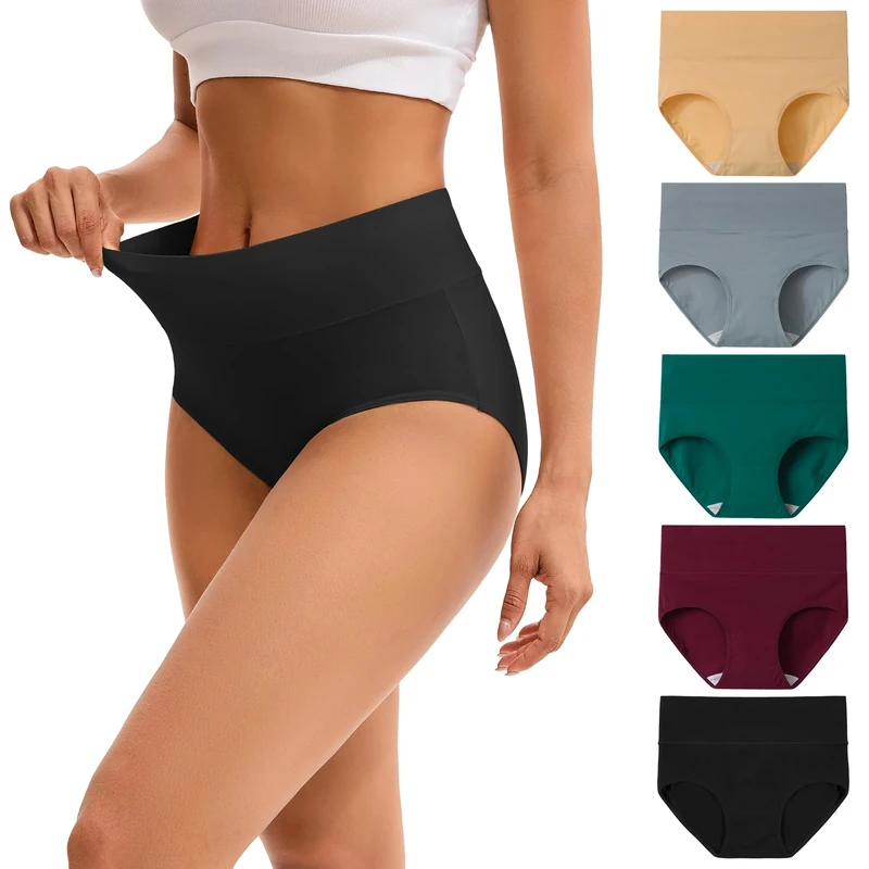 INNERSY Womens Knickers High Waisted Cotton Underwear Ladies Briefs Big Lady Under Pants 5 Pack (12, Early Winter)