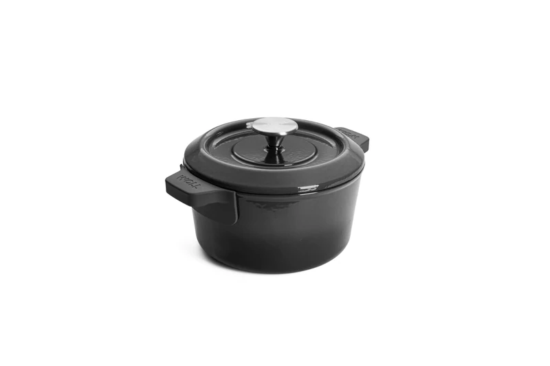 Woll Iron Cast Iron Pot with Lid and Silicone Handles, Inductive, Diameter 20 cm, Bread Baking Pot, Casserole Pan, Suitable for All Types of Cookers, Cast Iron, Oven-Safe up to 250°, Grey