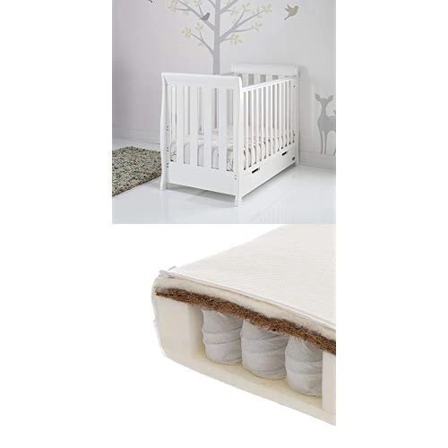 Obaby Stamford Sleigh Mini Cot Bed and Dual Core Moisture Management Mattress - White - Image 1