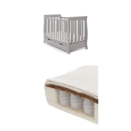 Obaby Stamford Sleigh Mini Cot Bed and Dual Core Moisture Management Mattress - Warm Grey - Image 1