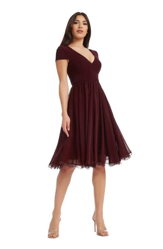 Dress the Population Women's Corey Plunging Mix Media Cap Sleeve A-line Midi Dress, Burgundy, XXL
