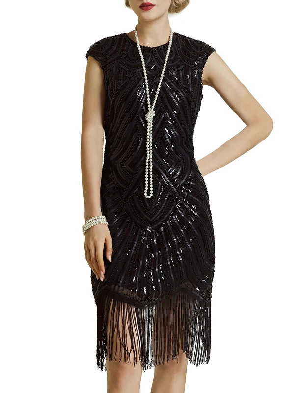 BABEYOND Women's Flapper Dresses 1920s Beaded Fringed Great Gatsby Dress (Black, XXX-Large)