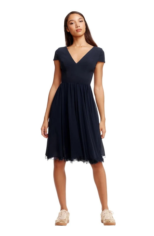 Dress the Population Women's Corey Cap Sleeve Plunge Neck Fit and Flare Knee Length Dress, Midnight, M