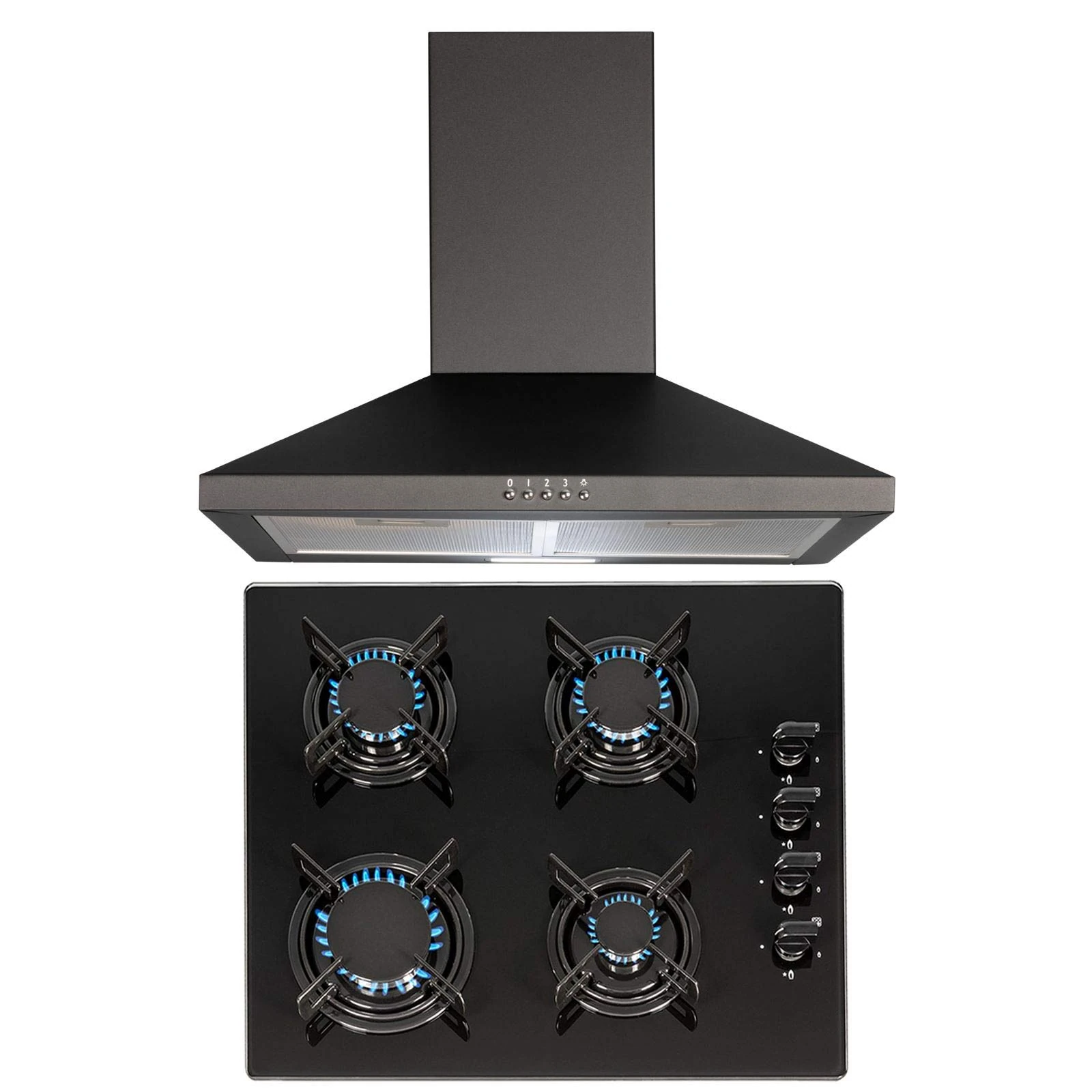 SIA 60cm Black 4 Burner Gas On Glass Hob And Pyramid Chimney Cooker Hood Fan