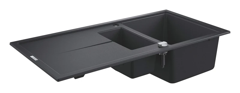 GROHE K400 - Quartz Composite Kitchen Sink with Drainer (Reversible Top Mount, Overflow and Automatic Waste Fitting, 1 Bowl 335x420x2.05mm, 0.5 Bowl 155x295x146mm), 100x50 cm, Granite Black, 31642AP0
