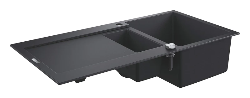 GROHE K500 - Quartz Composite Kitchen Sink with Drainer (Reversible Top Mount, Overflow and Automatic Waste Fitting, 1 Bowl 345x440x200 mm, 0.5 Bowl 155x295x146 mm), 100x50 cm, Granite Black, 31646AP0