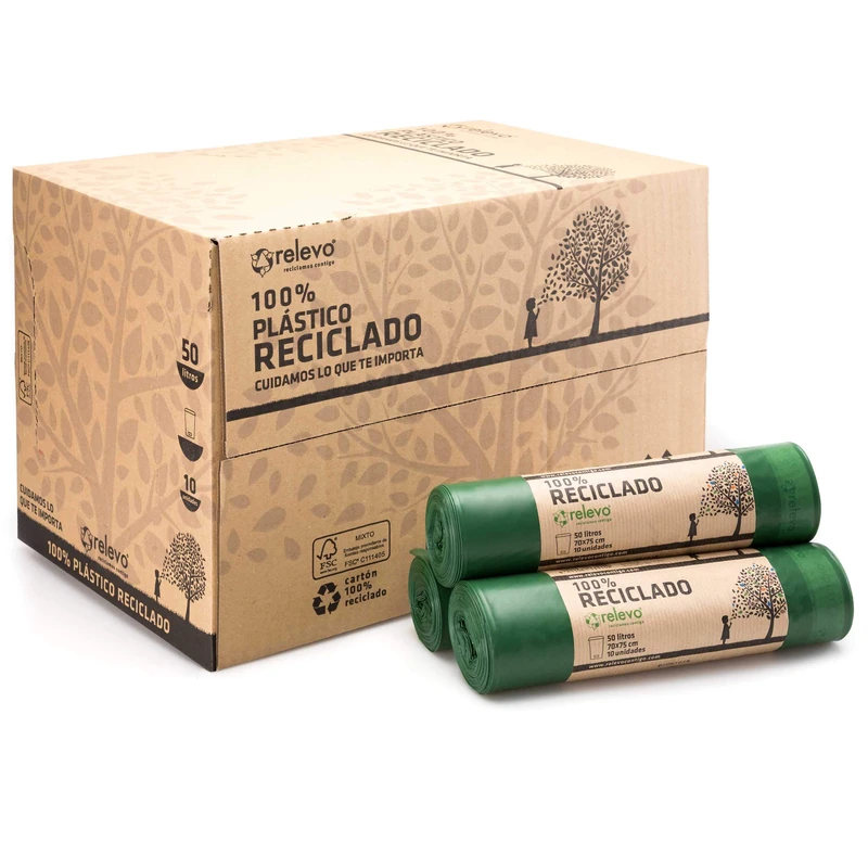 Relevo Green Drawstring Bin Bags - 50L (Width 70 cm x Height 75 cm), 280 Bags (28 Rolls × 10 Bags) | Extra Strong Bin Liners| 100% Recycled LDPE from Greenhouses | Blue Angel Certified