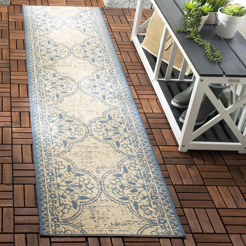 SAFAVIEH Transitional Rug for Indoor & Outdoor - Beachhouse Collection, Short Pile, in Blue and Creme color, 61 X 244 cm