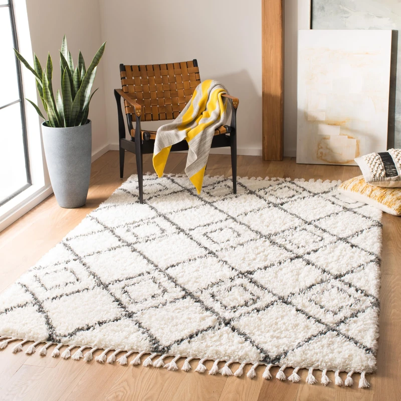 Safavieh Shaggy Indoor Woven Rectangle Area Rug, Moroccan Tassel Shag Collection, MTS335, in Ivory/Dark Grey, 160 x 229 cm for Living Room, Bedroom or Any Indoor Space - Image 1