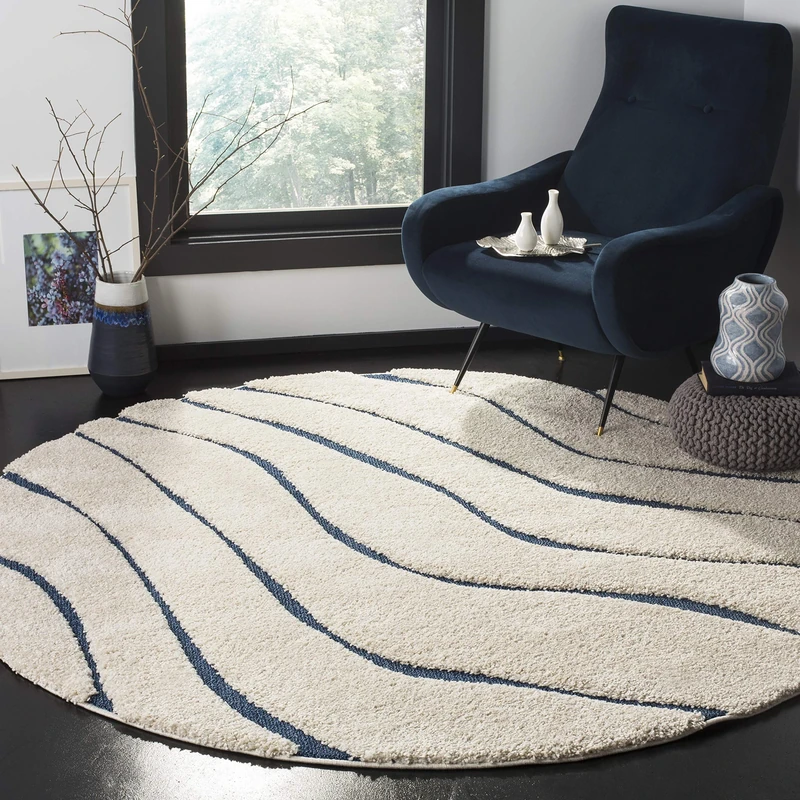 Safavieh Shag Rug for Living Room, Dining Room, Bedroom - Florida Shag Collection, High Pile, in Cream and Blue, 122 X 122 cm