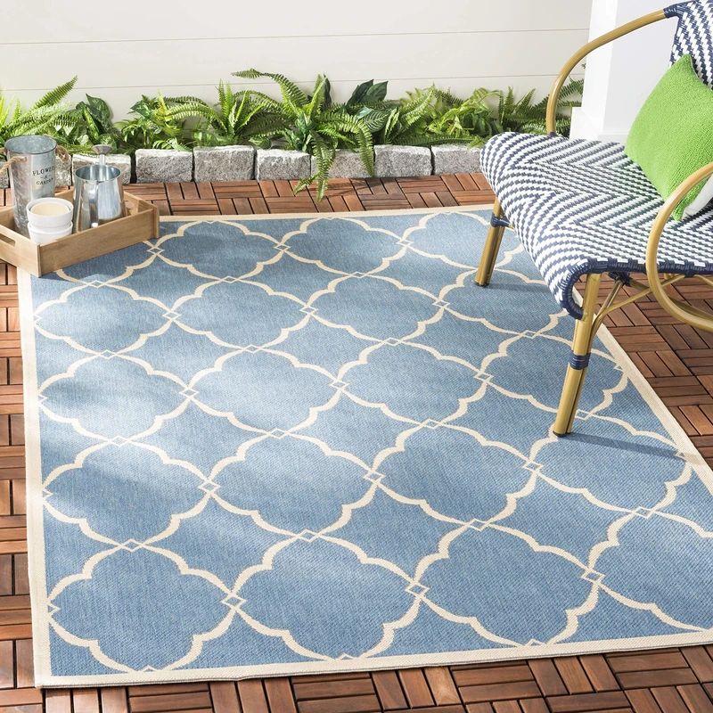 SAFAVIEH Trellis Rug for Indoor & Outdoor - Beachhouse Collection, Short Pile, in Blue and Creme color, 122 X 183 cm