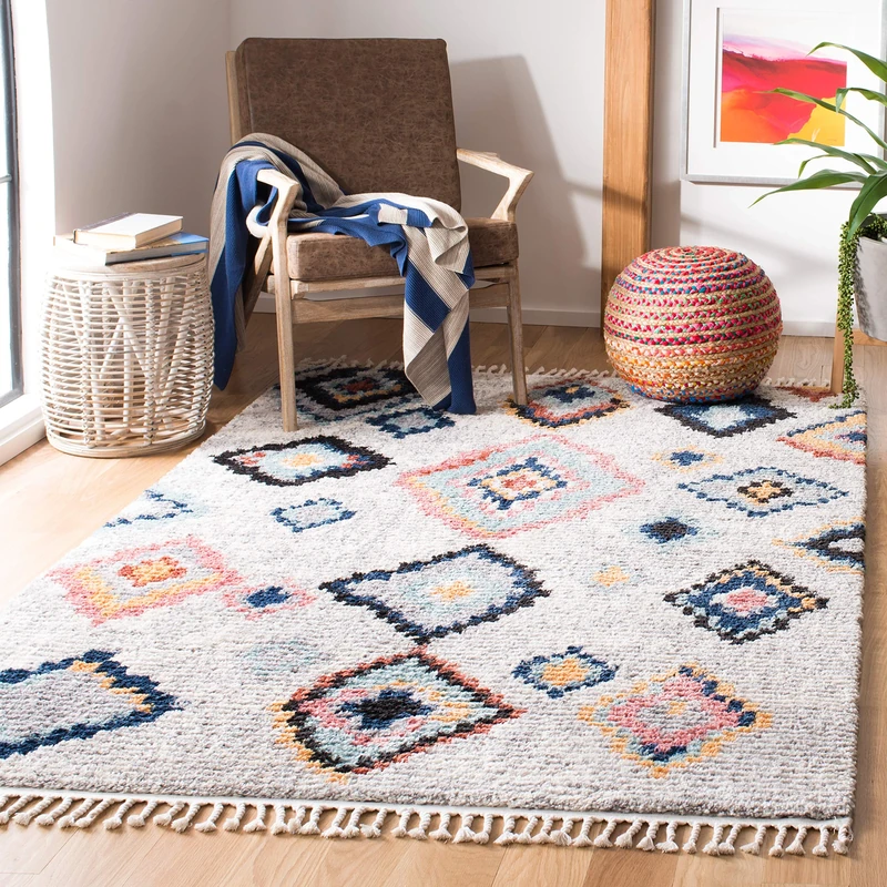 Safavieh Boho Chic Indoor Woven Rectangle Area Rug, Morocco Collection, MRC940, in Cream/Multi, 160 X 229 cm for Living Room, Bedroom or Any Indoor Space