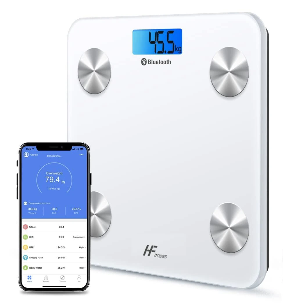 HomeFashion HFitness 19x Body Composition Indices 28x28cm Platform Smart Scale Bathroom Scales for Body Weight Body Fat Monitor BMI Muscle Mass Bone iOS Android App Bluetooth Wireless