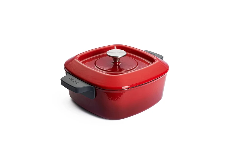 Woll Iron Square Casserole Dish with Grooves, Includes Steak Press with Silicone Handles, Inductive, 24 x 24 cm, 4.5 cm High, Suitable for All Hobs, Oven-Safe up to 250°, without Silicone Handles, Red