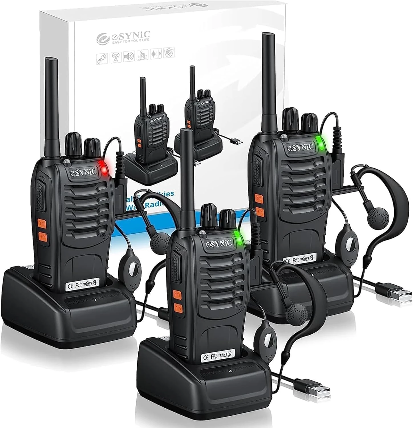 eSynic 3Pack Professional Walkie Talkies for Adults Rechargeable Walkie Talkies Best 16CH Walkie Talkie Hand Free VOX Two Way Radio With Earpieces& LED Lights Wonderful Gifts For Adults Kids etc