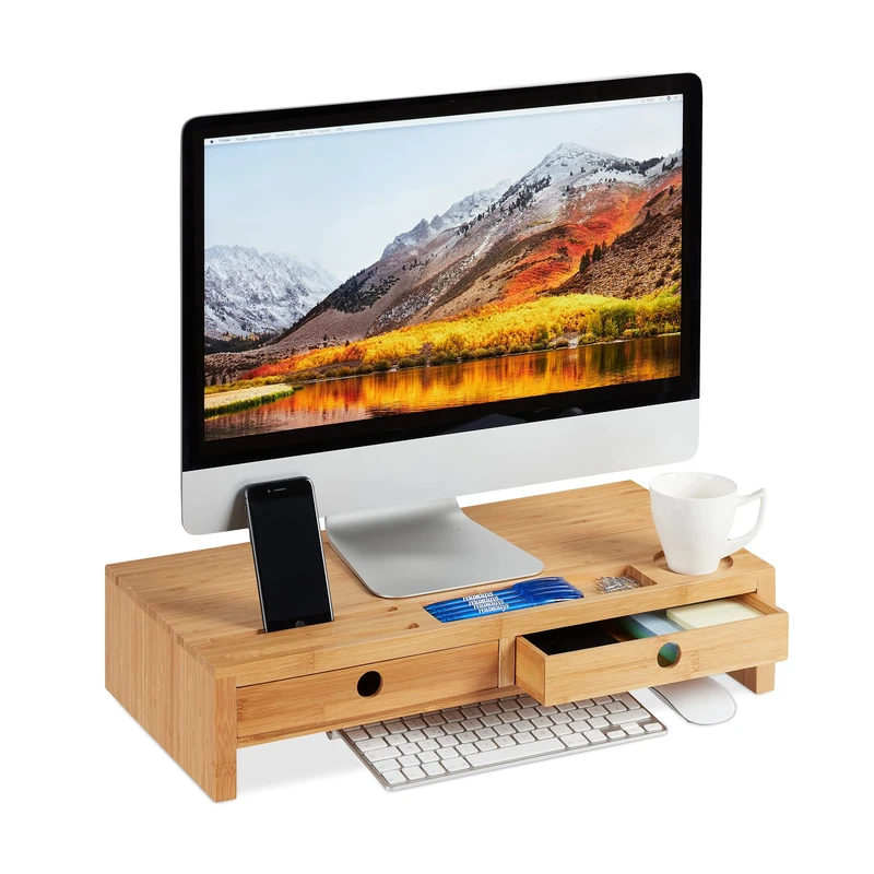 Relaxdays Bamboo Display Stand, Screen Riser with 2 Drawers and Compartments, Desk Organiser, HWD 12x56x27cm, Natural