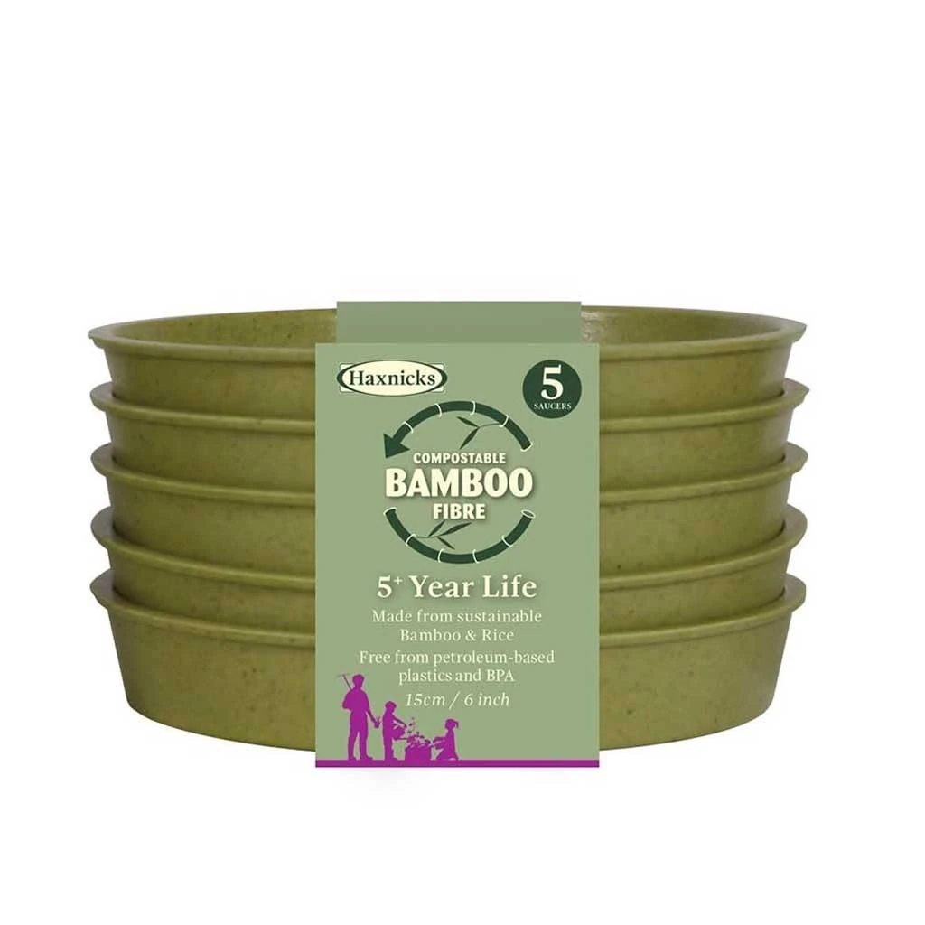 Haxnicks 5x Indoor & Outdoor Sustainable Bamboo Fibre Plant Saucers | 6 Inch Diameter | Pack of 5 | Sage Green | Pot140101