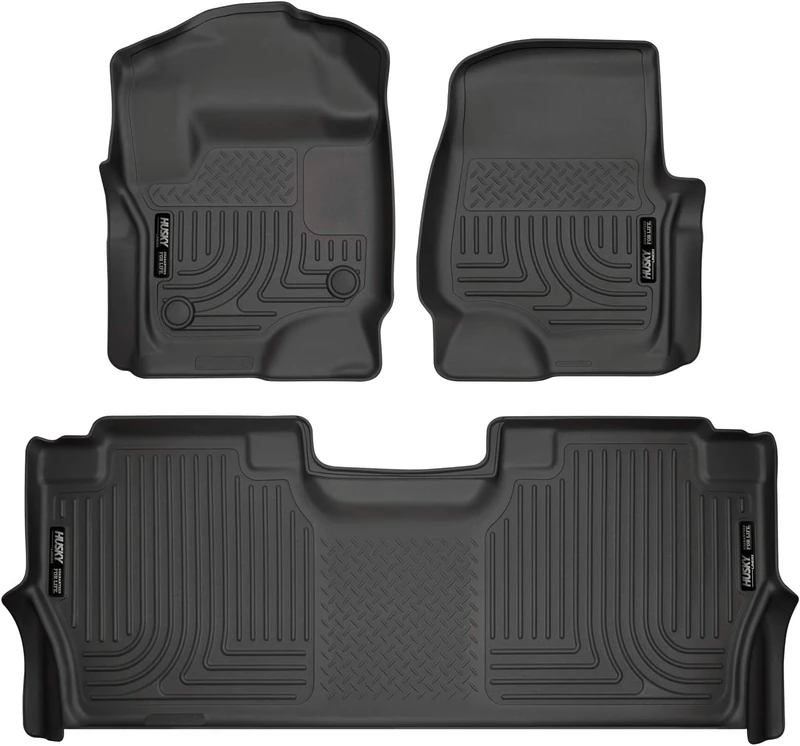 Husky Liners Weatherbeater Floor Mats | Fits 2017-2024 Ford F-250/F-350/F-450 SuperCrew Cab with Factory Carpet & with Fold Flat Storage | Front & 2nd Row, 3-pc Black - 94061