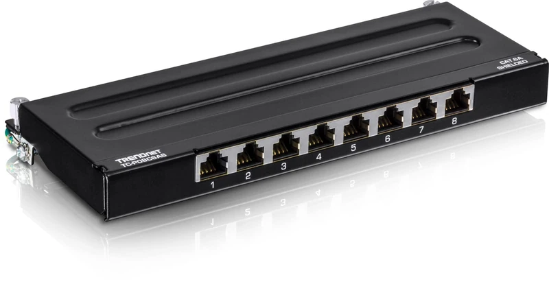 TRENDnet 8-Port Cat6A Shielded Wall Mount Patch Panel, 1000BASE-T/ 10GBASE-T Support, Wall mounting Options, Compatible with cat5e, cat6, cat6a, 110 or Krone Type, TC-P08C6AS