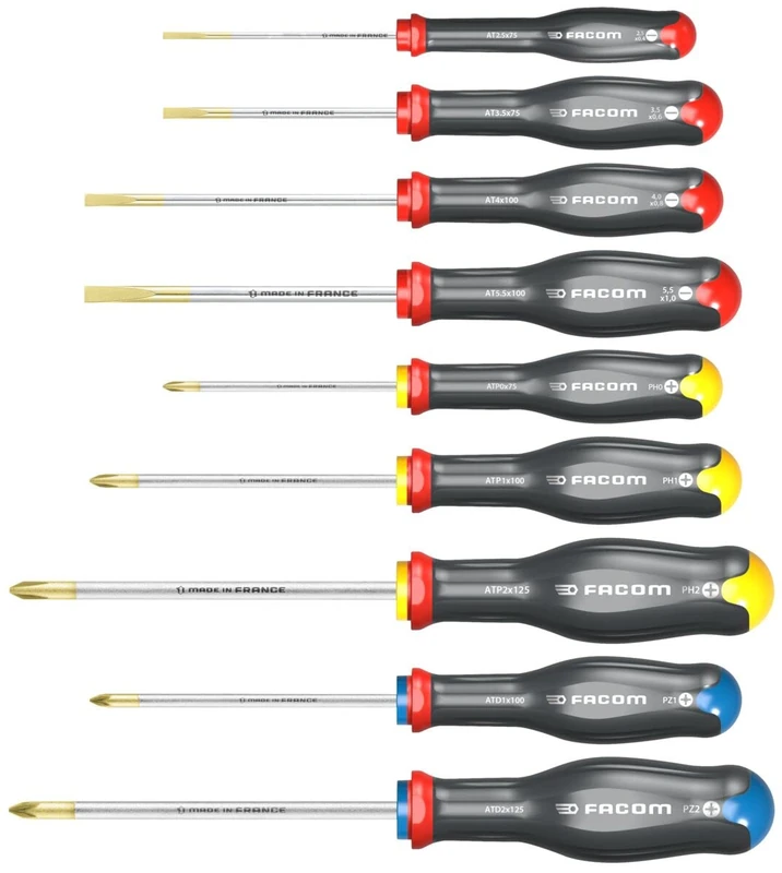 FACOM Set of 9 Protwist Screwdrivers - Ergonomic Non-Slip Handles - 4 Slot + 3 Phillips + 2 Prozidriv - at.9Pb Multi-Coloured