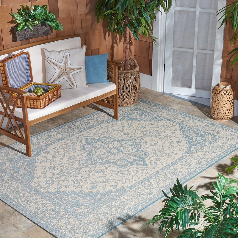 SAFAVIEH Medallion Rug for Indoor & Outdoor - Beachhouse Collection, Short Pile, in Cream and Aqua color, 91 X 152 cm