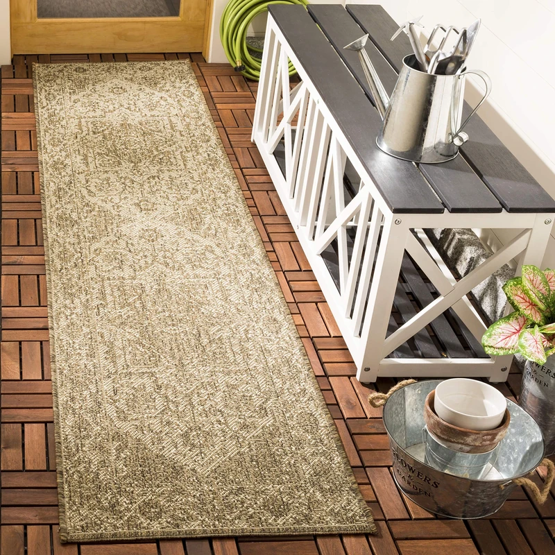 SAFAVIEH Medallion Rug for Indoor & Outdoor - Beachhouse Collection, Short Pile, in Cream and Beige color, 61 X 244 cm - Image 1