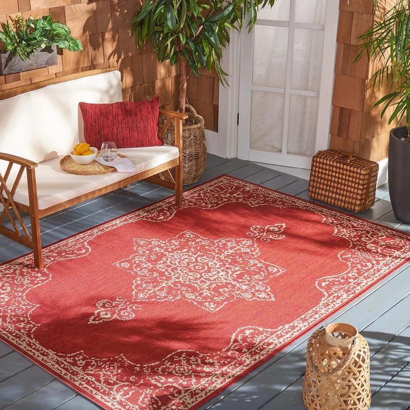 SAFAVIEH Medallion Rug for Indoor & Outdoor - Beachhouse Collection, Short Pile, in Red and Creme color, 122 X 183 cm