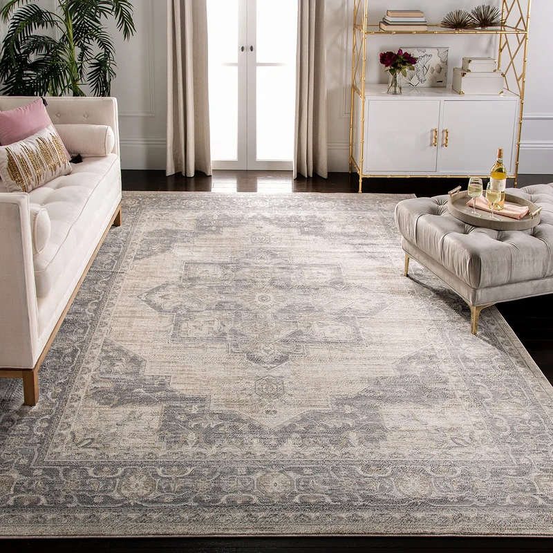 Safavieh Traditional Rug for Living Room, Dining Room, Bedroom - Brentwood Collection, Short Pile, in Cream and Grey, 160 x 160 cm