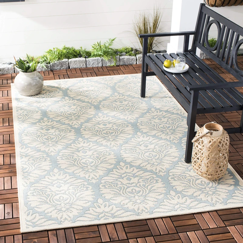 SAFAVIEH Damask Rug for Indoor & Outdoor - Beachhouse Collection, Short Pile, in Aqua and Cream color, 122 X 183 cm