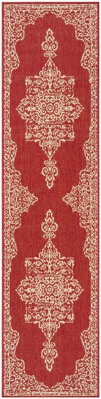 SAFAVIEH Medallion Rug for Indoor & Outdoor - Beachhouse Collection, Short Pile, in Red and Creme color, 61 X 244 cm