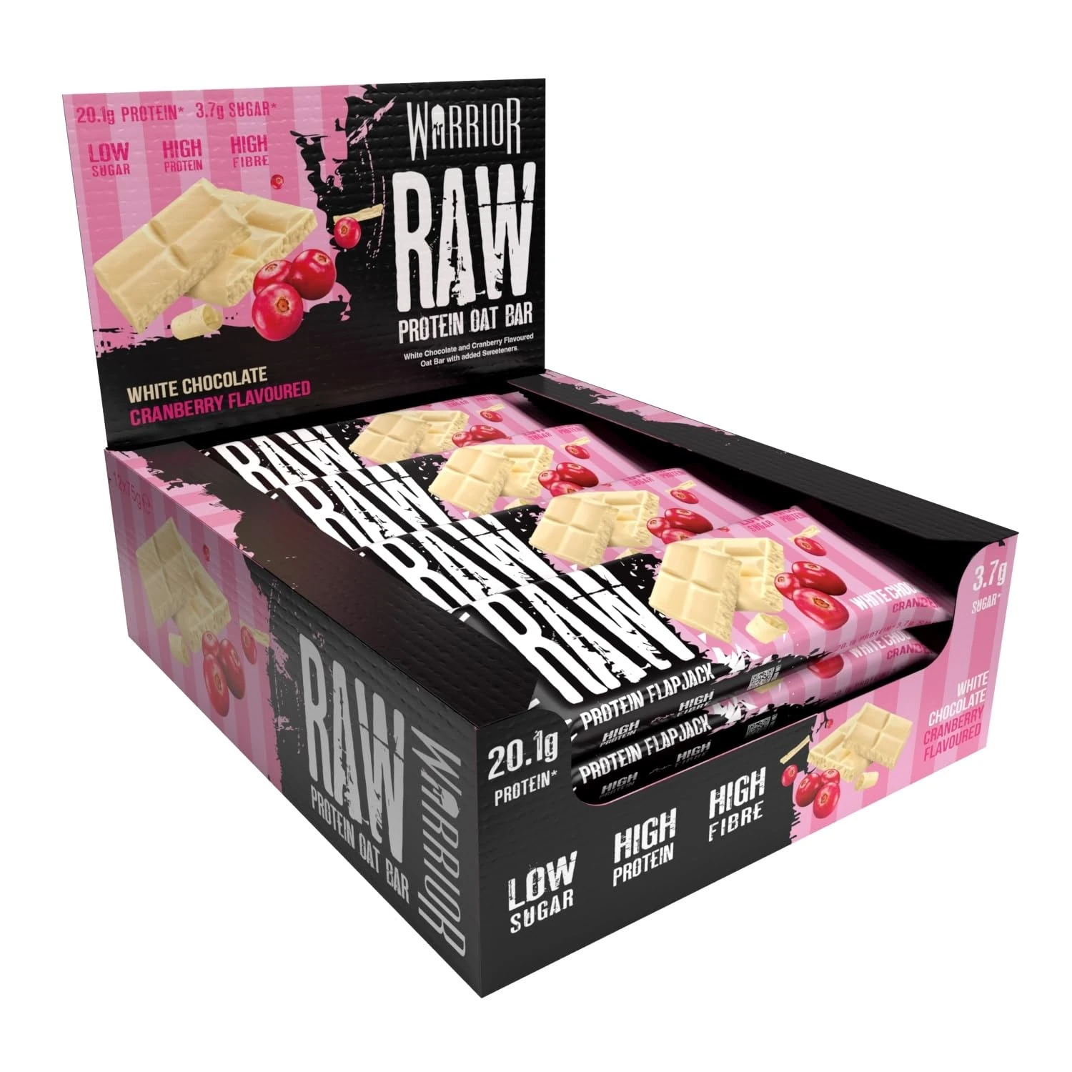 Warrior Raw Protein Bars – 12 x 75g High Protein Snack – High Fibre, Low Sugar – Ideal Meal Replacement or Healthy Nutrition Energy Snacks - Oat Bar Flapjacks – UK Made (White Chocolate Cranberry)
