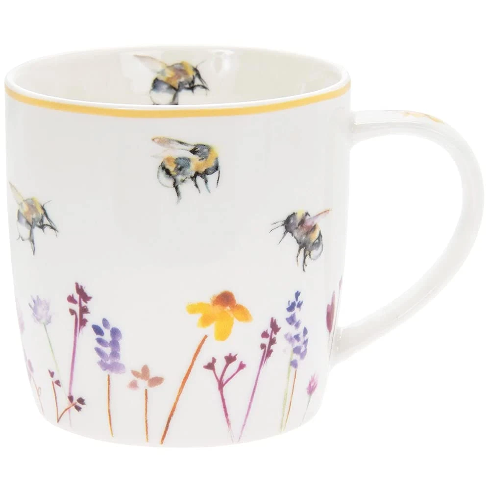 Tea Coffee Mug Pretty White Floral Water Colour Busy Bees Design by Jennifer Rose Gallery Boxed