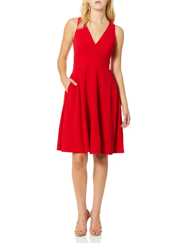Dress the Population Women's Catalina Solid Sleeveless FIT & Flare MIDI Dress, Rouge, Large