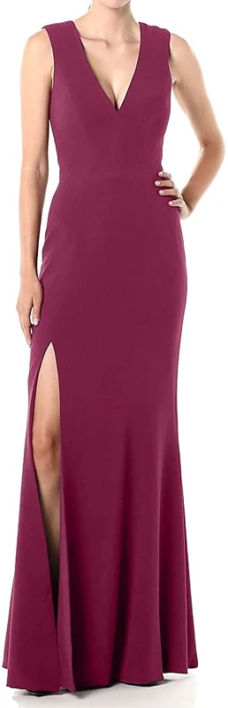 Dress the Population Women's Sandra Plunging Thick Strap Solid Gown with Slit Dress, Burgundy, XXL
