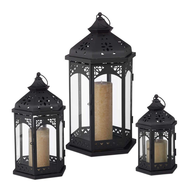 Relaxdays Set of 3 Lanterns, Decorative In- & Outdoor Lanterns, 3 Sizes, Vintage, Retro Lantern For Candles, Black
