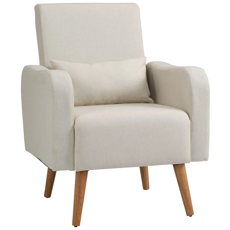 HOMCOM Accent Chair, Linen-Touch Armchair with Pillow, Upholstered Leisure Lounge Sofa for Living Room, Club Chair with Rubber Wooden Frame, Cream