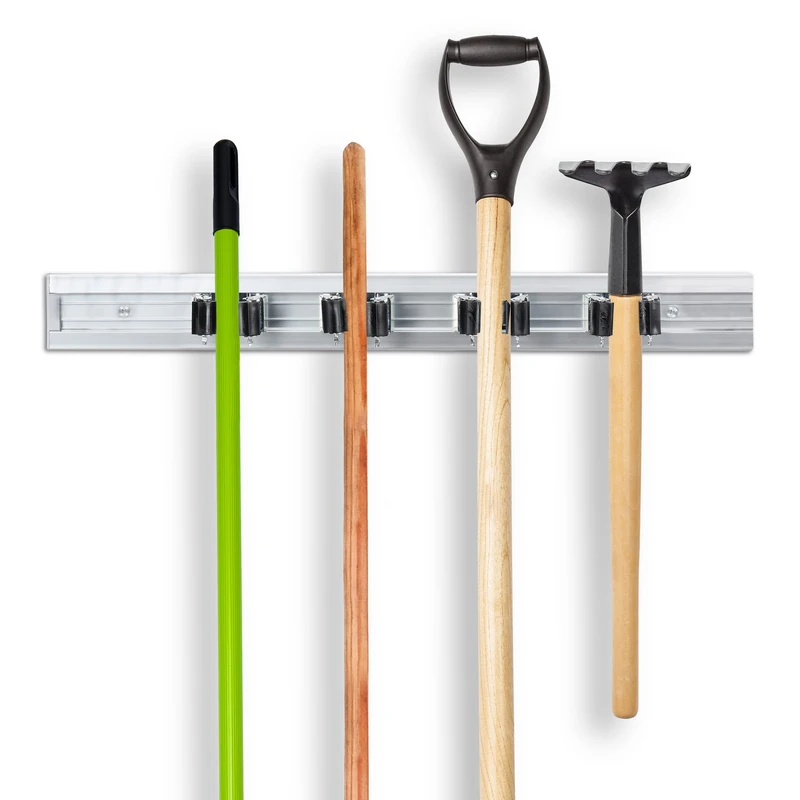Relaxdays Garden Tool Holder, Wall-mounted Mop & Broom Holder, Organisation Bracket, Aluminium, Silver