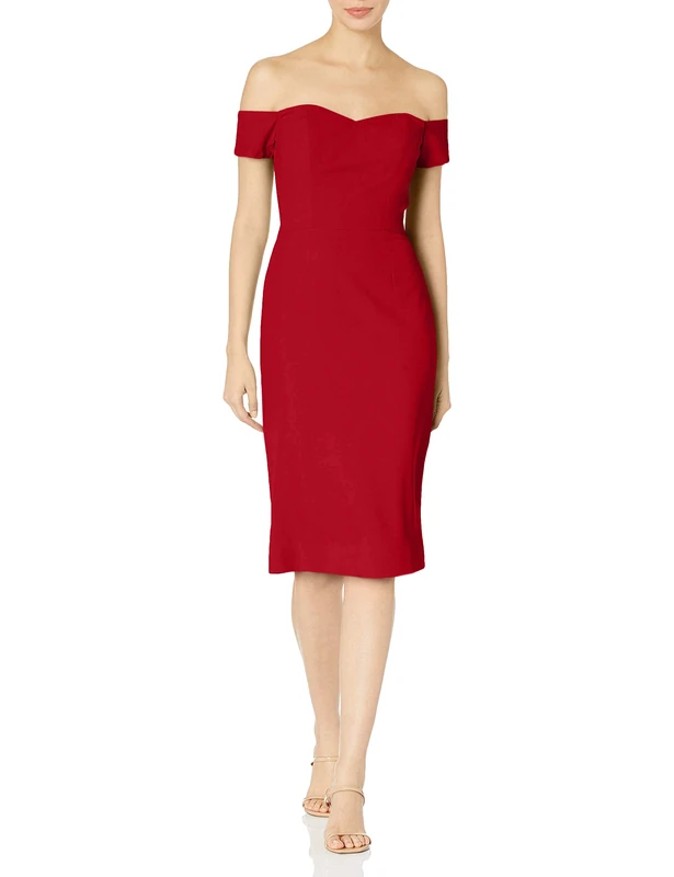 Dress the Population Women's Bailey Off The Shoulder Sweetheart Bodycon Midi Sheath Dress, Garnet, L