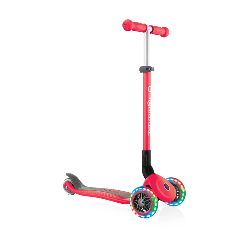 Globber Primo Foldable Scooter with Light Up Wheels for Children 3 Years Plus - 2 Year Warranty (Red)