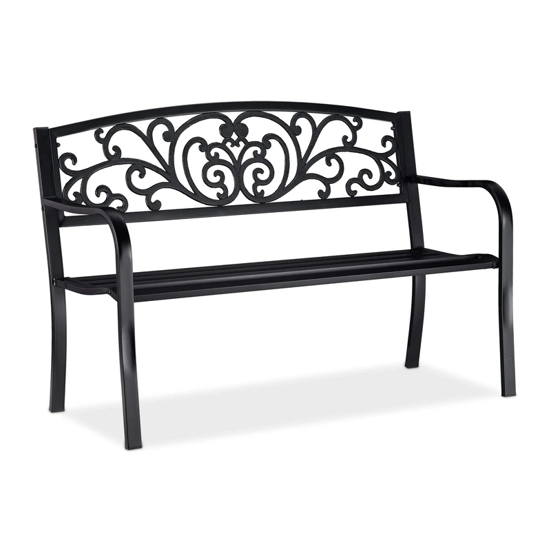 Relaxdays Garden Bench, Comfortable 2 Seater, Vintage Ornaments, For Patio, Balcony, etc, HWD 86.5 x 127 x 60 cm, Black