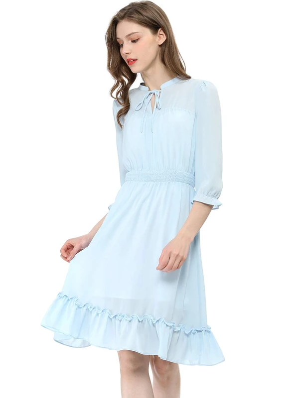 Allegra K Women's Ruffle Hem 3/4 Sleeve Smocked A-Line Short Chiffon Dress Blue 4 - Image 1