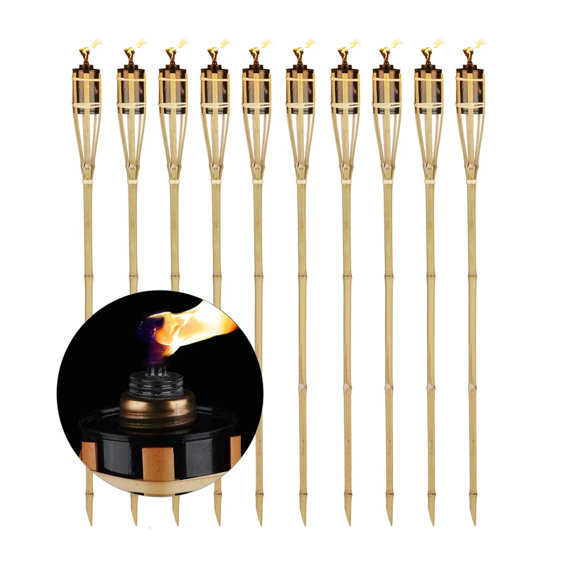 Relaxdays Set Of 10 Garden Torches, Oil Torches With Exterior Bamboo & Wick, Outdoor Party Torches, 90 cm High, Natural