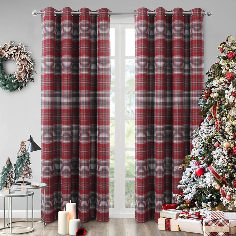 always4u Red Plaid Curtains Grommet Highland Woolen Look Tartan Curtains for Bedroom Living Room Check Curtians Grey and Red 45 * 95 Inches
