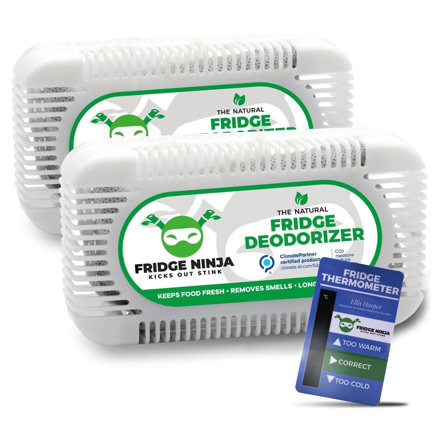 Fridge Ninja Fridge Deodoriser and Freshener- Unscented Activated Charcoal, Lasts Up to 12 Months, Odour Eliminator, Smell Remover & Scent Absorber, Fridge Accessories for Freshness - 2 Pack