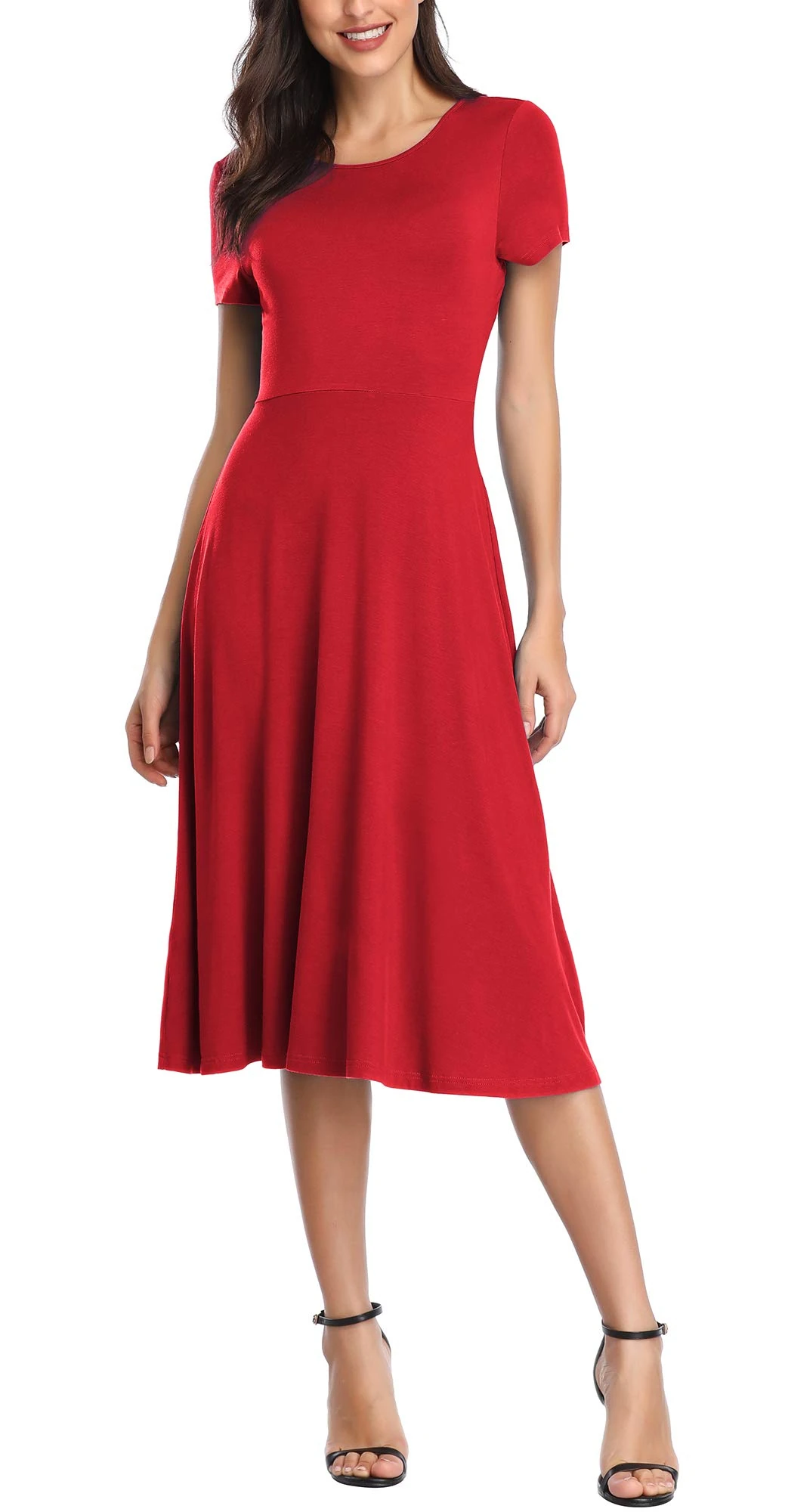 Urban CoCo Women's Vintage Short Sleeve High Waist Flared Midi Casual Summer Dress, Red, XL